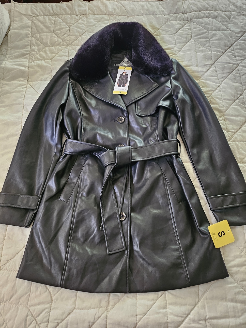 Vince Camuto- Black - Faux Leather Trench Coat - Size Small - Picture 2 of 12